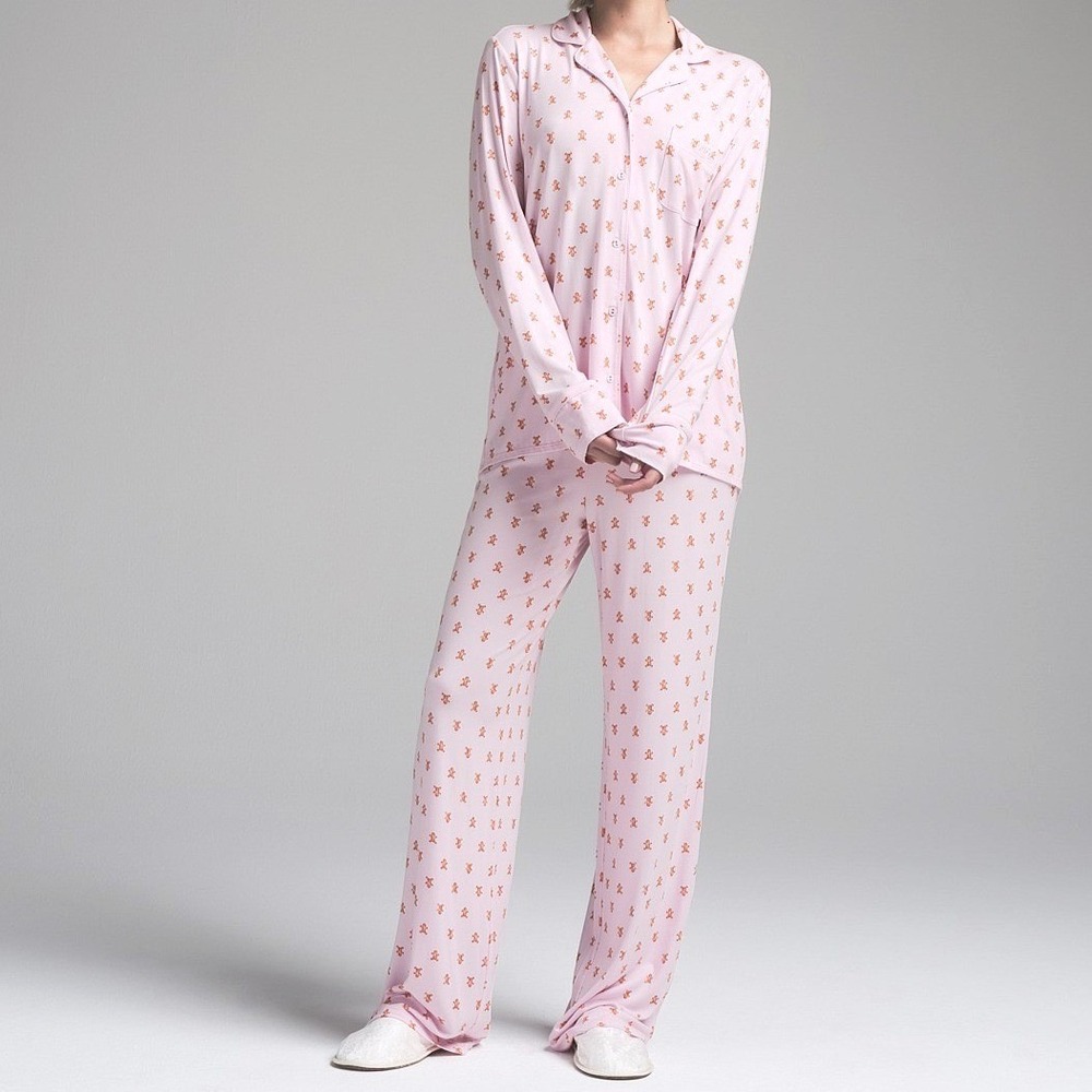 Skims Long Sleeve Pajama Set Pink Cherry Blossom Gingerbread Modal Oversized S